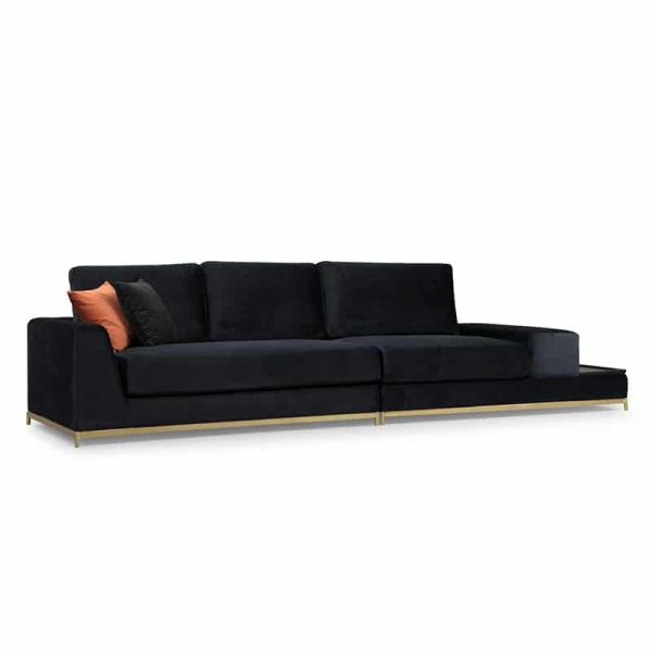 Divan 3-vendësh PWF-0511, stof me ngjyrë të zezë, këmbë ngjyrë ari, 320x102x84cm