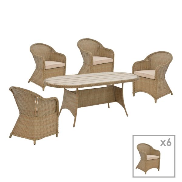 Komplet ngrënieje Hadrian-Keir komplet prej 7 kafje bastun prej palme kafë-bezhë-tekstilen kafe-alumin 180x90x72cm