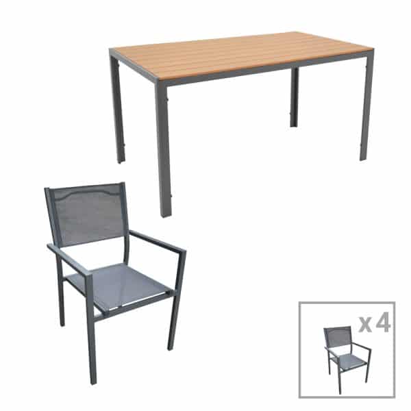 Tavolinë e ngrënies Nares-Moly, set prej 5 copë, alumini antracit dhe kompensatë natyrale 140x80x72.5cm