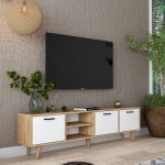 Mobilje televizori Sercio, melaminë e bardhë dhe këmbë druri natyral 180x29.7x48.6cm - Image 2