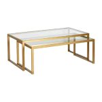 Tavolina mesi Redro, set 2 copë, xham dhe metal ngjyrë ari 100x40x45cm