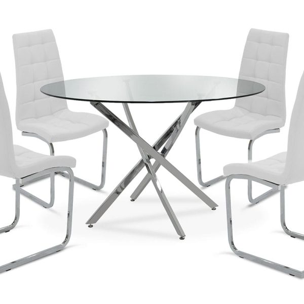 Tavolina e ngrënies e vendosur 5pcs Steve me qelq-karrige të bardhë pu D120x74,5cm