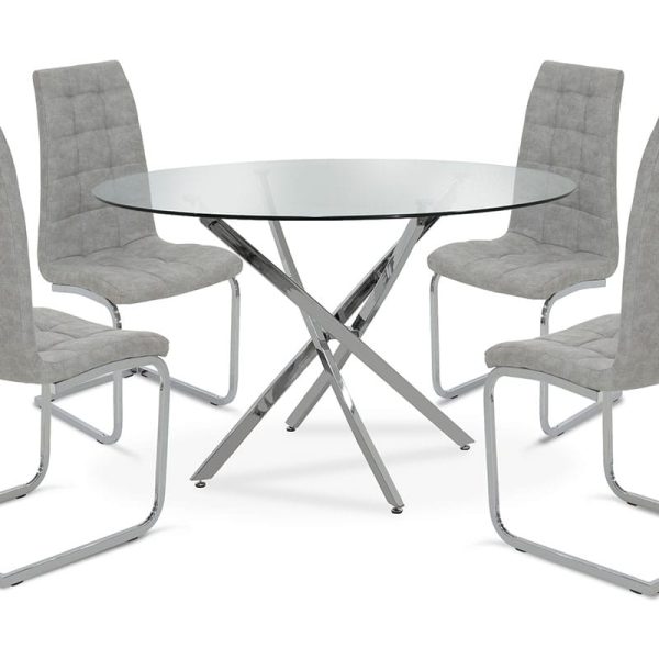 Tavolina e ngrënies e vendosur 5pcs Steve  me qelq-karrige gri antike pu D120x74,5cm