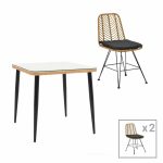 Komplet tavoline ngrënieje Naoki F me 3 xhama bastun prej palme kacavjerrëse natyrale-metal i zi-xham 80x80x78cm