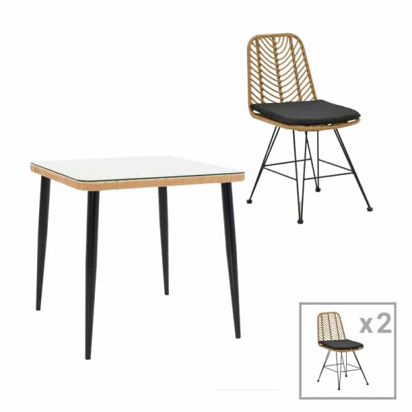 Komplet tavoline ngrënieje Naoki F me 3 xhama bastun prej palme kacavjerrëse natyrale-metal i zi-xham 80x80x78cm