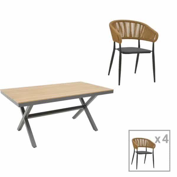 Tavolina e ngrënies Raven - komplet Thorio prej 5  antracit alumini dhe kompensatë në nuancë natyrale 160x90x75cm