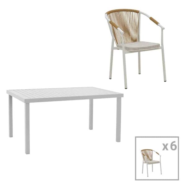 Tavoline ngrenie Kliton - set Convince prej 7  alumini ne nuance te bardhe 150x80x74cm