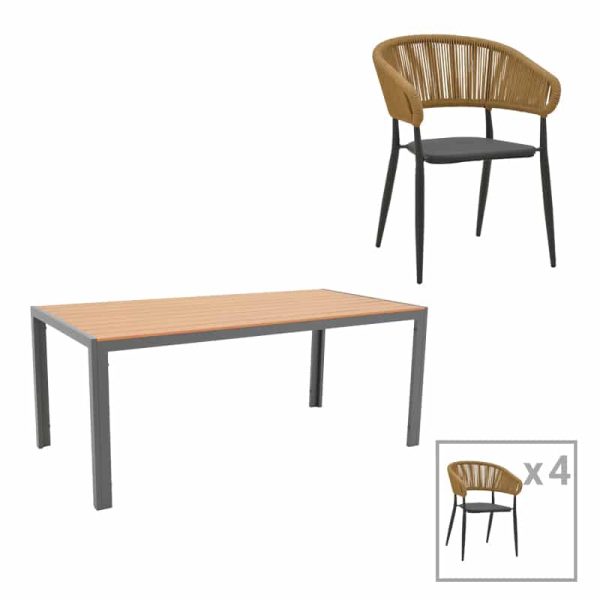 Tavolina e ngrënies Nares-Raven komplet prej 5 antracit alumini dhe kompensatë në nuancë natyrale 180x90x72.5cm