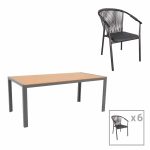 Tavolina e ngrënies Nares-Convince set me 7 antracit alumini dhe kompensatë në nuancë natyrale 180x90x72.5cm