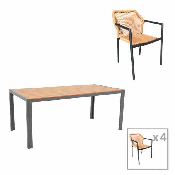 Tavolina e ngrënies Nares-Lush komplet alumini antracit 5  dhe kompensatë në nuancë natyrale 180x90x72.5cm