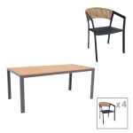 Tavolina e ngrënies Nares-Glisten komplet alumini antracit 5 dhe kompensatë në nuancë natyrale 180x90x72.5cm