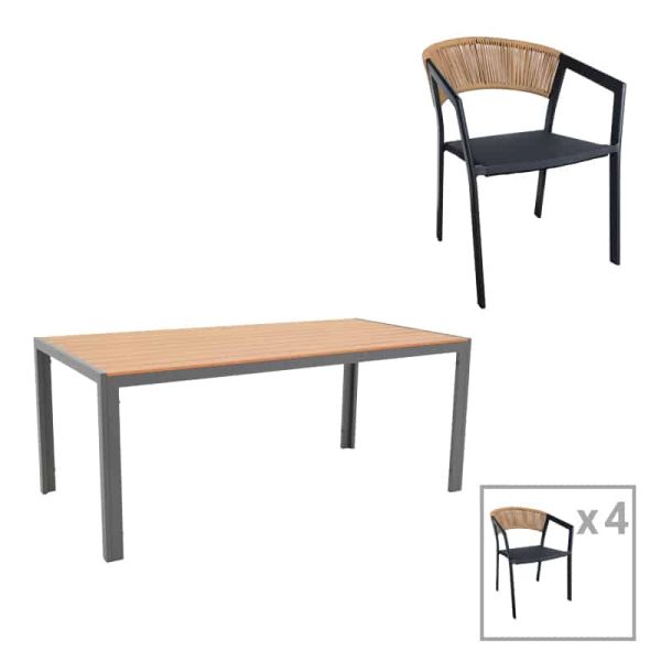 Tavolina e ngrënies Nares-Glisten komplet alumini antracit 5 dhe kompensatë në nuancë natyrale 180x90x72.5cm