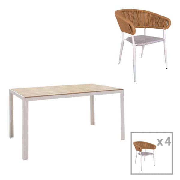 Tavoline ngrenie Nares-Raven Komplet 5 alumini te bardhe dhe kompensate ne nuance natyrale 140x80x72.5cm