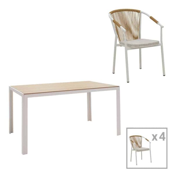 Tavolina e ngrënies Nares-Convince Set me 5  alumini të bardhë dhe kompensatë në nuancë natyrale 140x80x72.5cm