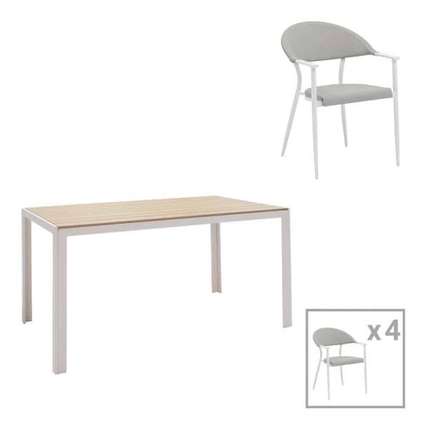 Tavoline ngrenie Nares-Pino Set me 5  alumini te bardhe dhe kompensate ne nuance natyrale 140x80x72.5cm