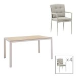 Komplet tavoline ngrenie Nares-Moritz prej 5  alumini te bardhe dhe kompensate ne nuance natyrale 140x80x72.5cm