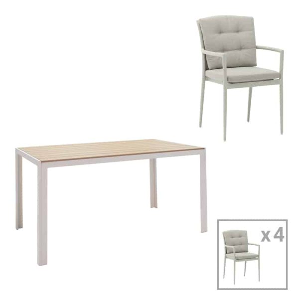 Komplet tavoline ngrenie Nares-Moritz prej 5  alumini te bardhe dhe kompensate ne nuance natyrale 140x80x72.5cm