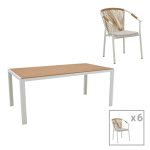 Tavolina e ngrënies Nares-Convince B komplet 7  alumini të bardhë dhe kompensatë në nuancë natyrale 180x90x72.5cm