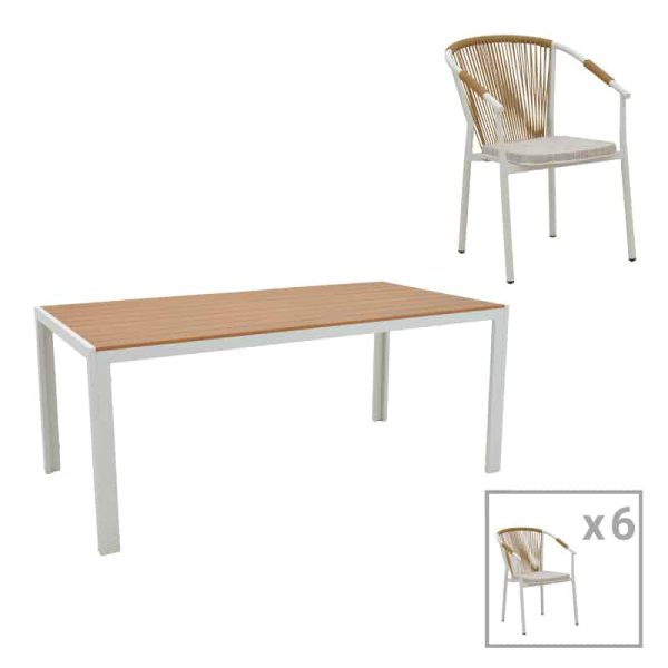 Tavolina e ngrënies Nares-Convince B komplet 7  alumini të bardhë dhe kompensatë në nuancë natyrale 180x90x72.5cm