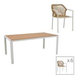 Tavoline ngrenie Nares-Lush B komplet 7  alumini te bardhe dhe kompensate ne nuance natyrale 180x90x72.5cm