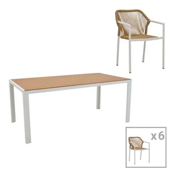 Tavoline ngrenie Nares-Lush B komplet 7  alumini te bardhe dhe kompensate ne nuance natyrale 180x90x72.5cm