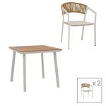 Tavolina e ngrënies Synergy-Glisten komplet 3 alumini  të bardhë dhe kompensatë në ngjyrë natyrale 80x80x74cm