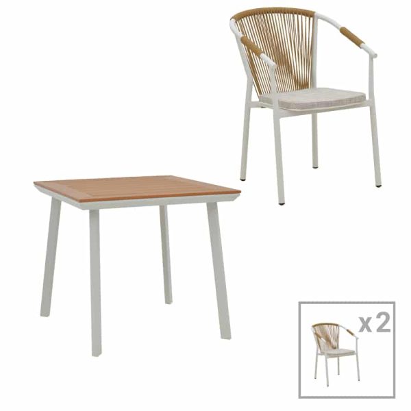 Tavolina e ngrënies Synergy-Convince set me 3  alumini të bardhë dhe kompensatë në ngjyrë natyrale 80x80x74cm