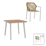 Tavolina e ngrënies Synergy-Lush komplet 3  alumini të bardhë dhe kompensatë në ngjyrë natyrale 80x80x74cm