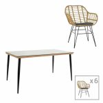 Tavolinë ngrënie Naoki X set me 7  bastun prej palme kacavjerrëse pe në nuancë natyrale dhe metal i zi 160x90x78cm