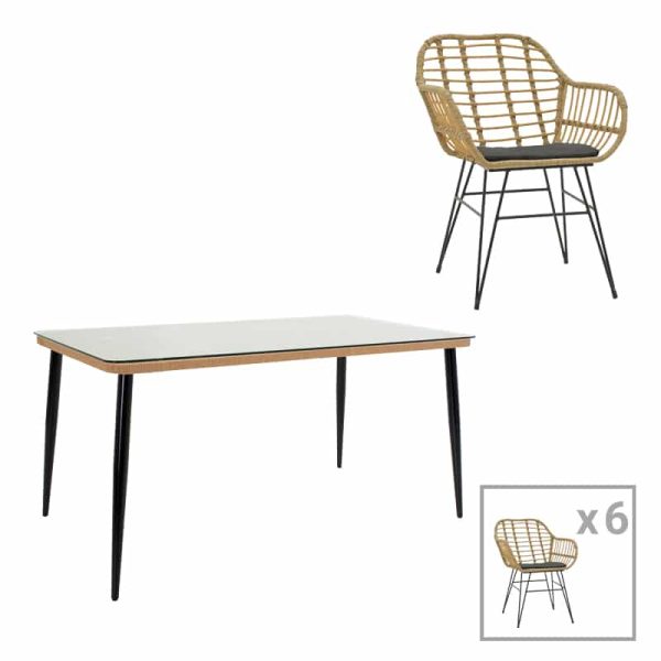 Tavolinë ngrënie Naoki X set me 7  bastun prej palme kacavjerrëse pe në nuancë natyrale dhe metal i zi 160x90x78cm