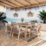 Tavolinë ngrënie Malibu 7 copë pëlhurë e fortë dru akacie-bezhë - Image 2