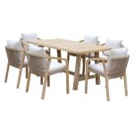 Tavolinë ngrënie Malibu 7 copë pëlhurë e fortë dru akacie-bezhë