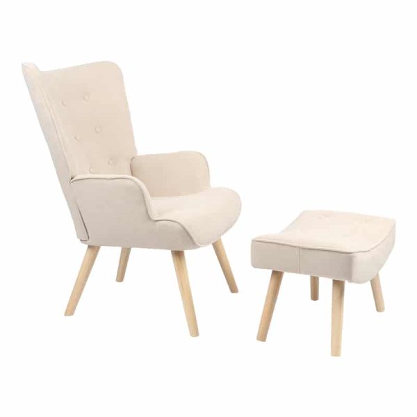 Karrige me tabure Vivienne, me stof ngjyrë bezhë dhe këmbë natyrale, 75x69x96cm