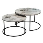 Tavolinë mesi Solme, set 2 copë, melaminë mermer i bardhë - metal i zi