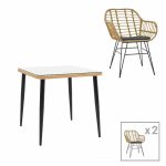 Tavolinë e ngrënies Naoki V, set 3 copë, ratan në nuancë natyrale dhe metal i zi 80x80x78cm