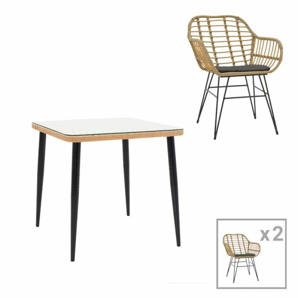 Tavolinë e ngrënies Naoki V, set 3 copë, ratan në nuancë natyrale dhe metal i zi 80x80x78cm