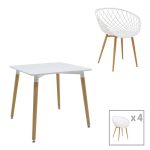 Tavolinë ngrënieje Ezra-Natali, set prej 5 copë, PP-MDF me ngjyrë të bardhë-natyrale 80x80x76cm