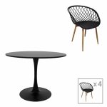 Tavolinë e ngrënies Ezra-Balou, set 5 copë, PP-MDF me ngjyrë të zezë-natyrale D100x75cm