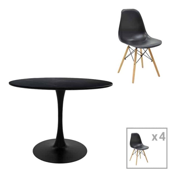 Tavolinë e ngrënies Julita-Balou I, set 5 copë, MDF-PP në ngjyrë të zezë-natyrale D120x75cm