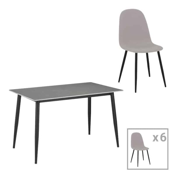 Tavolinë ngrënie Bella-Gustas komplet  me 7 mermer gri të sinteruar në gur-metal të zi 160x85x75cm
