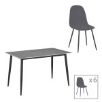 Set tavolinë ngrënie Bella-Gustas, set prej 7 copë, kadife dhe mermer i sinteruar gri, metal i zi 160x85x75cm