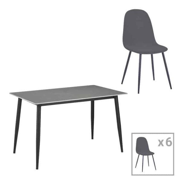 Set tavolinë ngrënie Bella-Gustas, set prej 7 copë, kadife dhe mermer i sinteruar gri, metal i zi 160x85x75cm