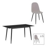 Tavolinë e ngrënies Gustas-Bella, set prej 7 copë, gri me mermer guri të zi të sinteruar 160x80x75cm