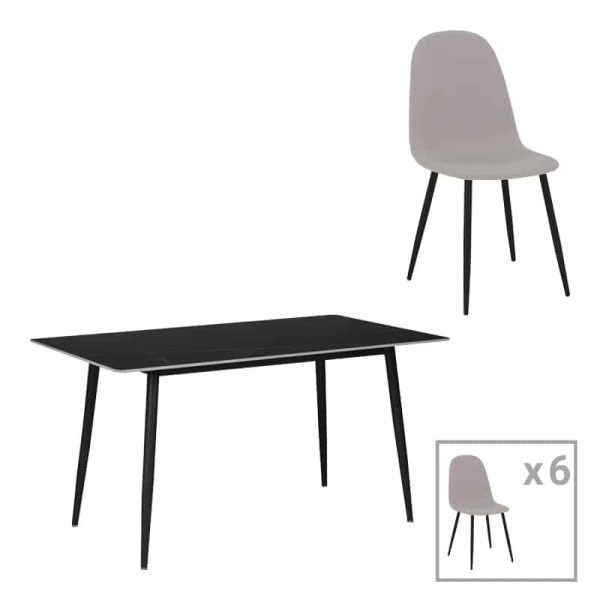 Tavolinë e ngrënies Gustas-Bella, set prej 7 copë, gri me mermer guri të zi të sinteruar 160x80x75cm