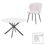 Tavolinë ngrënie Karg-Stoyen  5 copë pëlhurë e bardhë - mermer i bardhë-bezhë Φ120x75cm