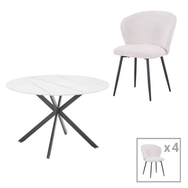 Tavolinë ngrënie Karg-Stoyen  5 copë pëlhurë e bardhë - mermer i bardhë-bezhë Φ120x75cm