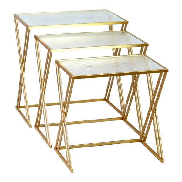 Tavolina anësorë Pitche Inart, set 3 copë, metal-xham ari